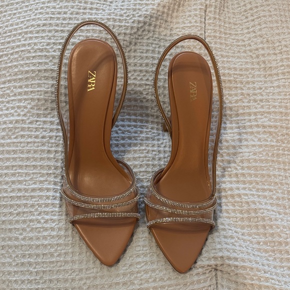 NWOT ZARA Elegant clear and Tan Heels with embellishments size 38 - Picture 3 of 7